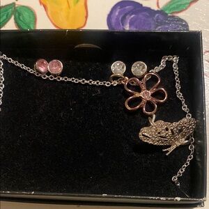 Avon Silver butterfly and Flower Necklace with Pink and Clear Accents